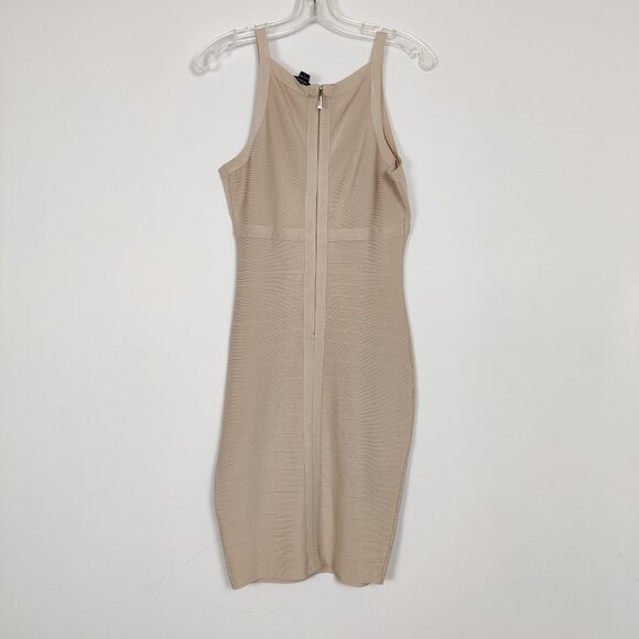 Marciano LA Women's Mini Dress Size L Beige Bandage Bodycon Square Neck Deep V - Picture 3 of 11